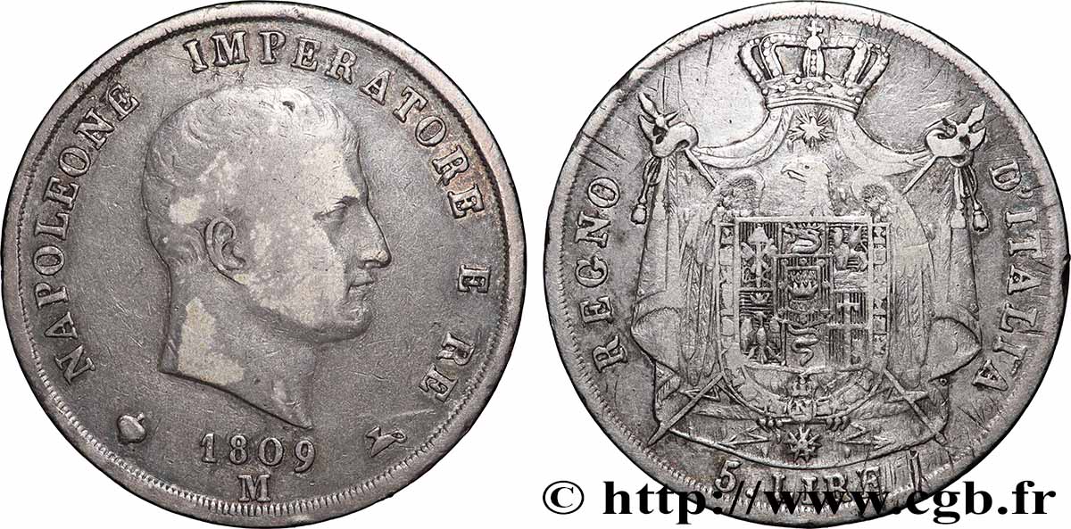 ITALY - KINGDOM OF ITALY - NAPOLEON I 5 Lire 1809 Milan VF