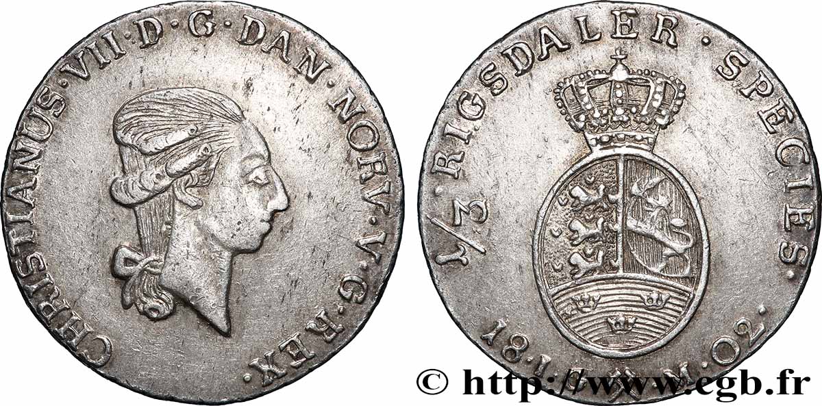 NORWAY - KINGDOM OF NORWAY - CHRISTIAN VII 1/3 Rigsdaler 1802 Kongsberg fVZ