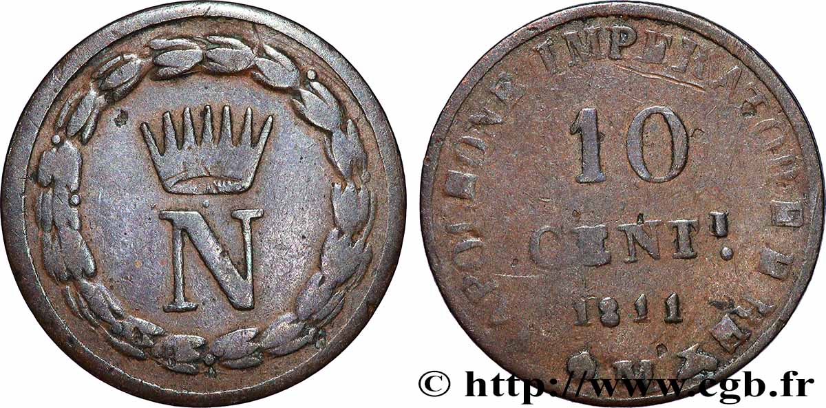 ITALIE - ROYAUME D ITALIE - NAPOLÉON Ier 10 Centesimi 1811 Milan TB+
