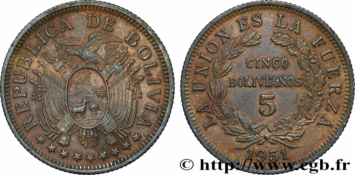 BOLIVIA 5 Bolivianos 1951 Heaton q.SPL