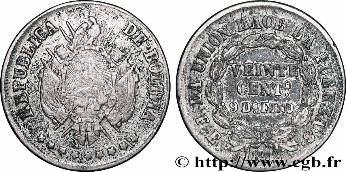 BOLIVIA 20 Centavos 1872 Potosi BC+