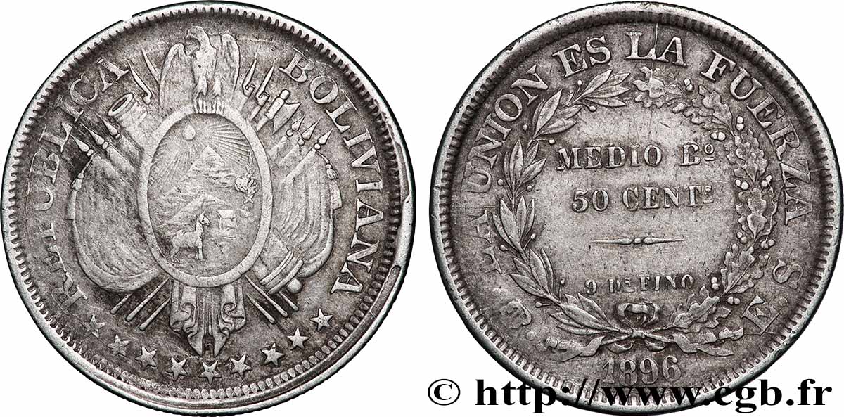 BOLIVIE 50 Centavos (1/2 Boliviano) 1896 Potosi TTB