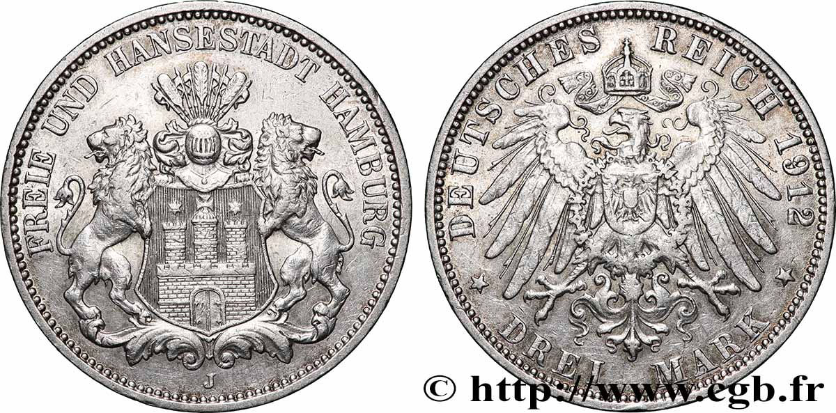 GERMANY - FREE CITY OF HAMBURG 3 Mark 1912 Hambourg - J AU