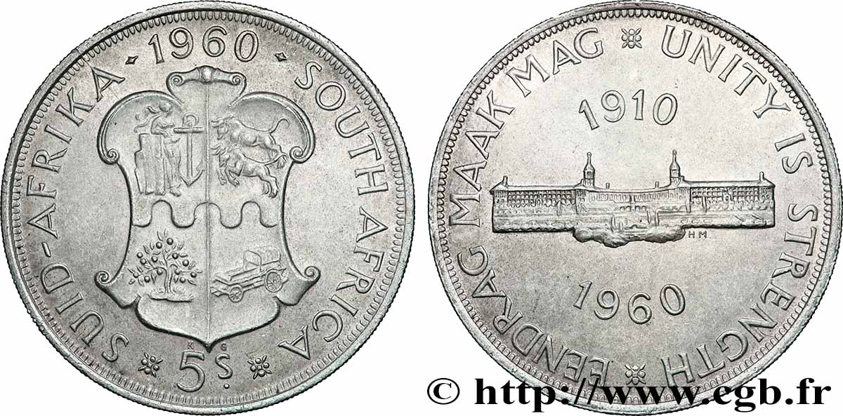 AFRIQUE DU SUD 5 Shillings 50e anniversaire de l’Union Sud-Africaine : emblème / Union Buidings 1960 Pretoria TTB+