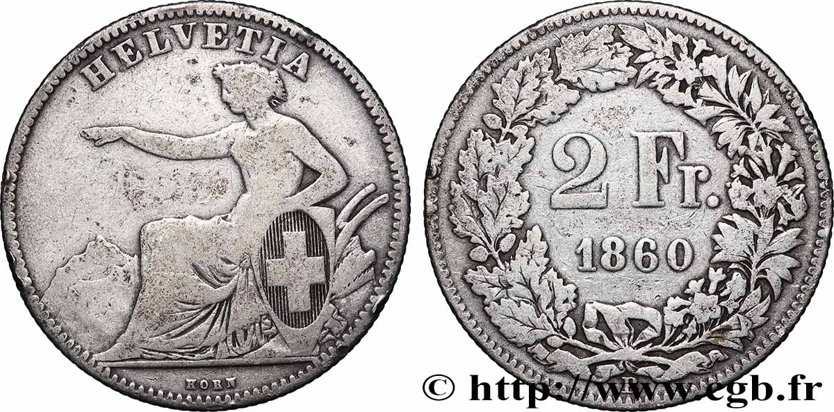 SUISSE 2 Francs Helvetia 1860 Berne TB