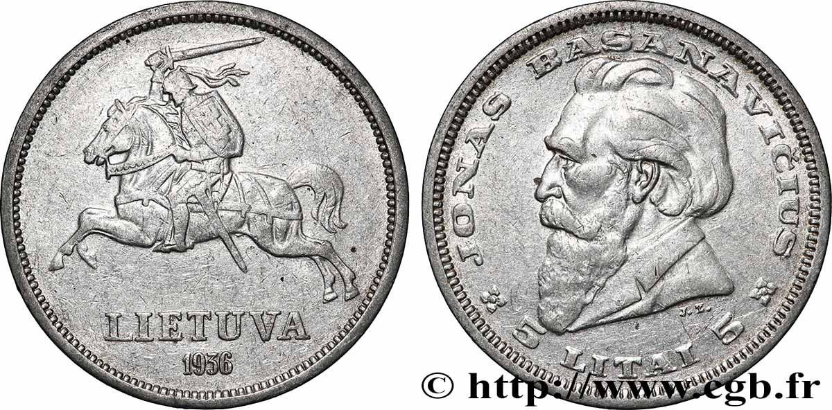LITUANIE 5 Litai chevalier Vitis / Dr Jonas Basanavicius 1936 TTB