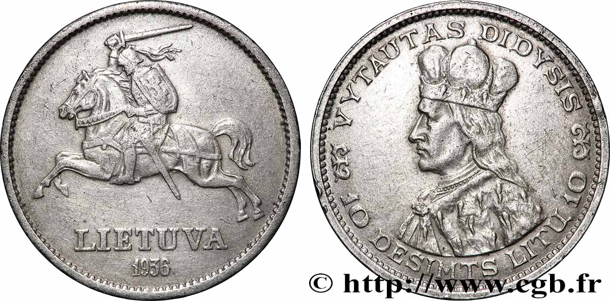 LITHUANIA 10 Litu Vytautas le Grand 1936 XF