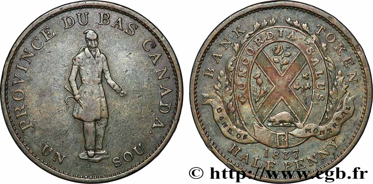 CANADA 1 Sou (1/2 Penny) Province du Bas Canada, Québec 1837 Boulton & Watt VF
