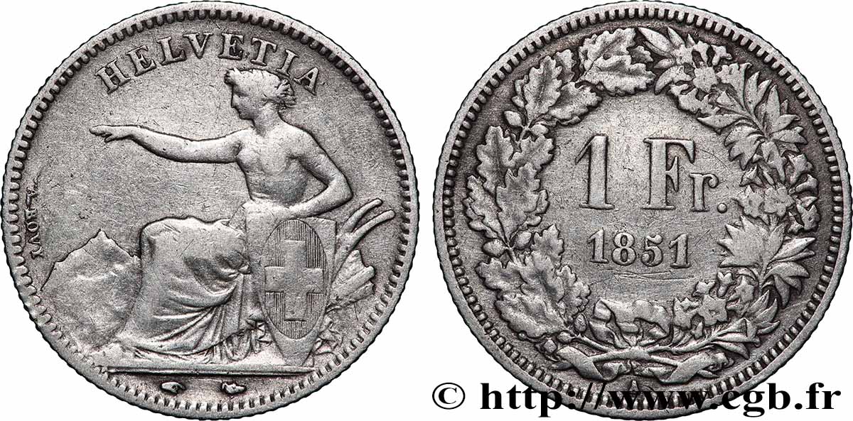 SUISSE 1 Franc Helvetia assise 1851 Paris TB+