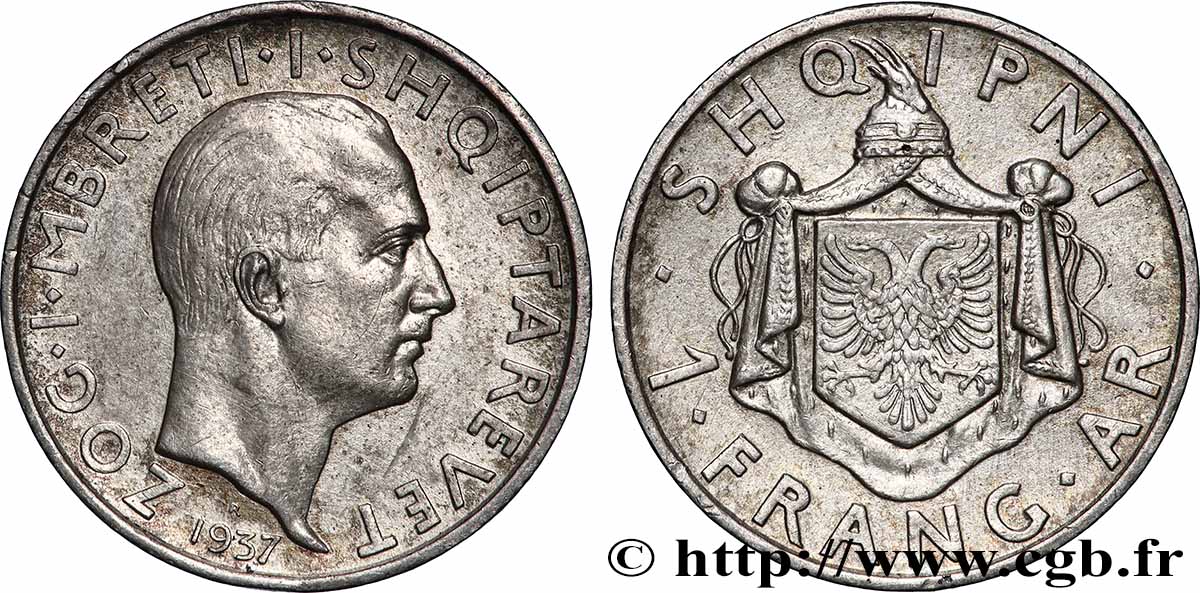 ALBANIE - RÉPUBLIQUE PUIS ROYAUME D ALBANIE - ZOG 1 Franga Ari 1937 Rome TTB+