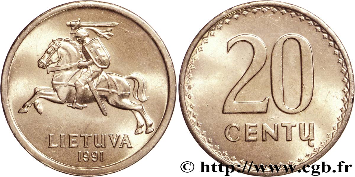 LITUANIE 20 Centu chevalier Vitis 1991  SPL 