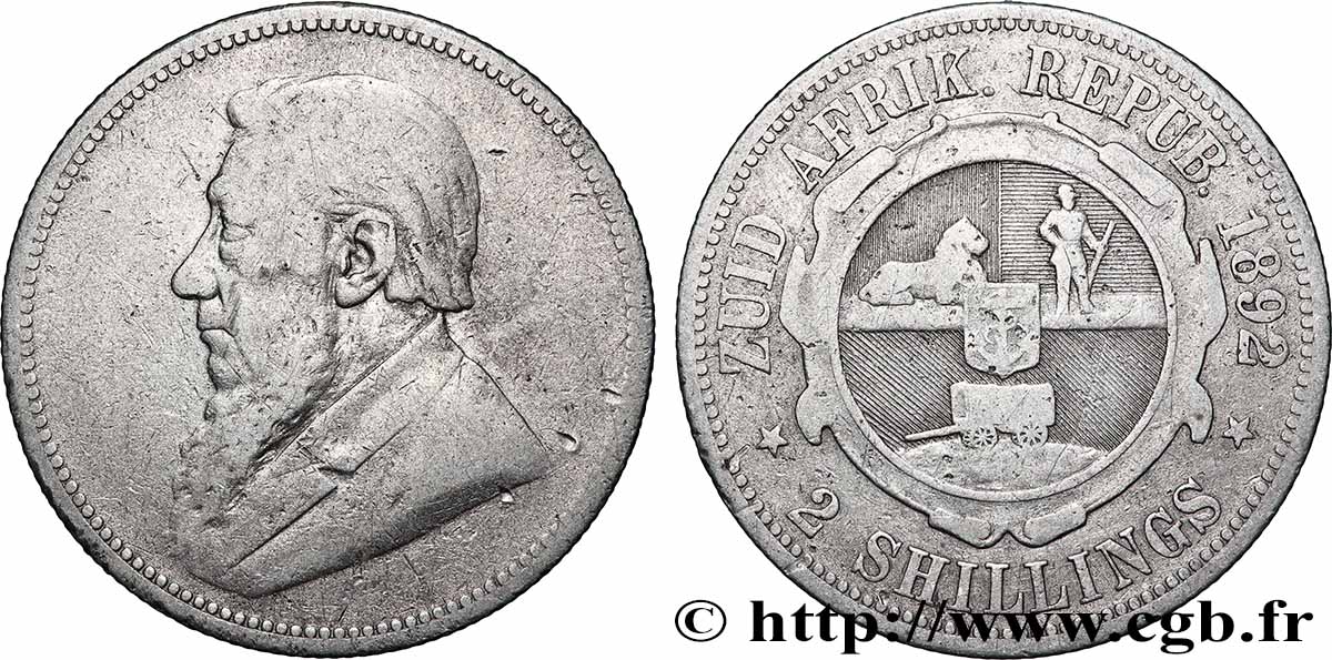 SOUTH AFRICA 2 Shillings président Kruger 1892 VF
