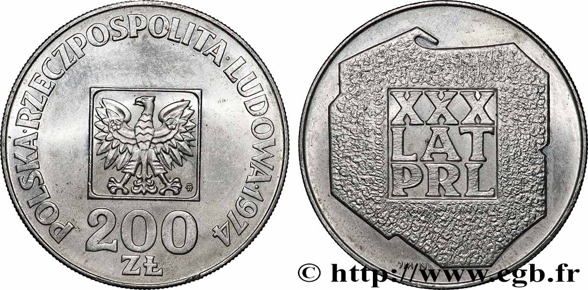 POLOGNE 200 Zlotych aigle 30e anniversaire de la fondation de la république populaire 1974 Varsovie SUP