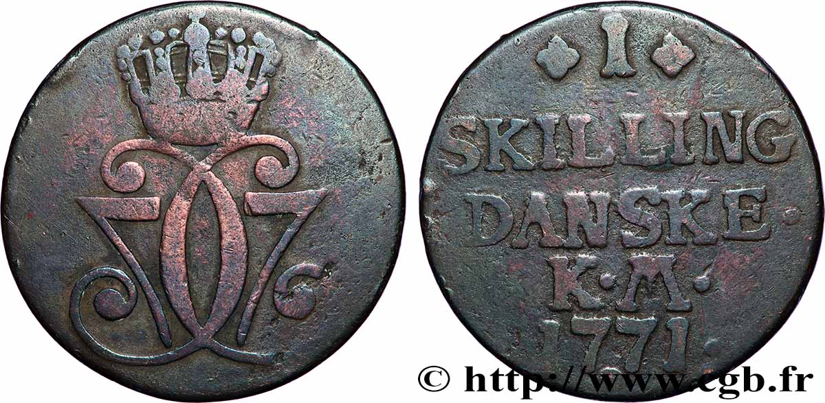 DENMARK 1 Skilling Christian VII 1771 Copenhague VF