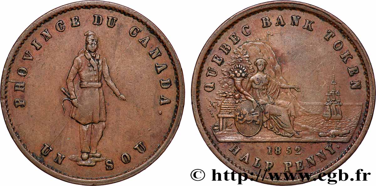 CANADA 1 Sous (1/2 Penny) Province du Bas Canada Québec Bank 1852 Boulton & Watt XF