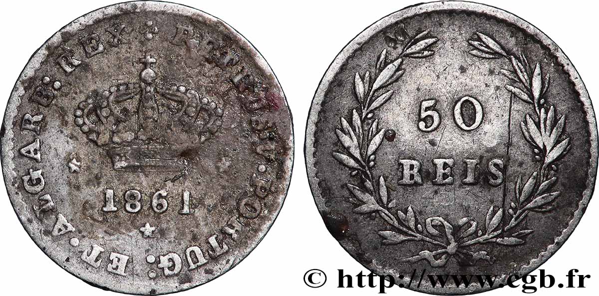 PORTUGAL 50 Réis Pierre V 1861 XF