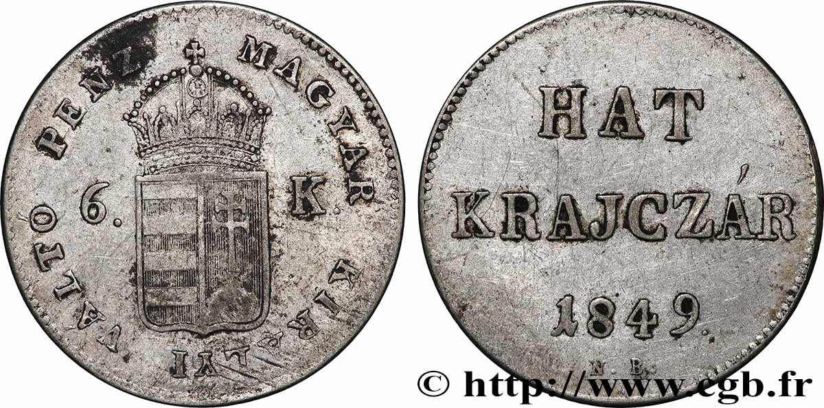 HUNGARY 6 Krajczar monnayage de la guerre d’indépendance 1849 Nagybanya XF