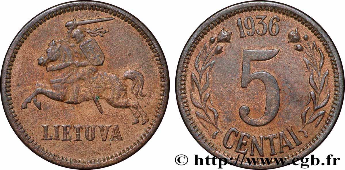 LITUANIE 5 Centai chevalier Vitis 1936 Kaunas TTB