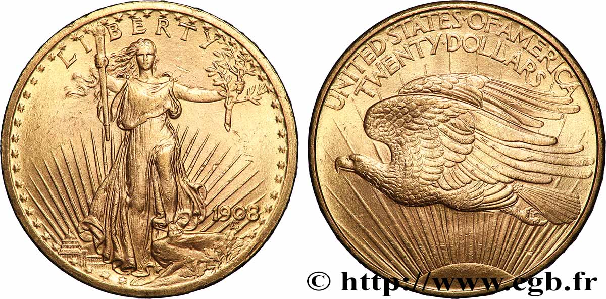 GOLD-, PALLADIUM- UND PLATIN-INVESTITIONEN 20 Dollars “Saint-Gaudens” 1908 Philadelphie fVZ