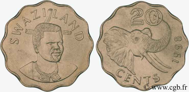 SWAZILAND 20 Cents Roi Msawati III / éléphant 1998  SPL 