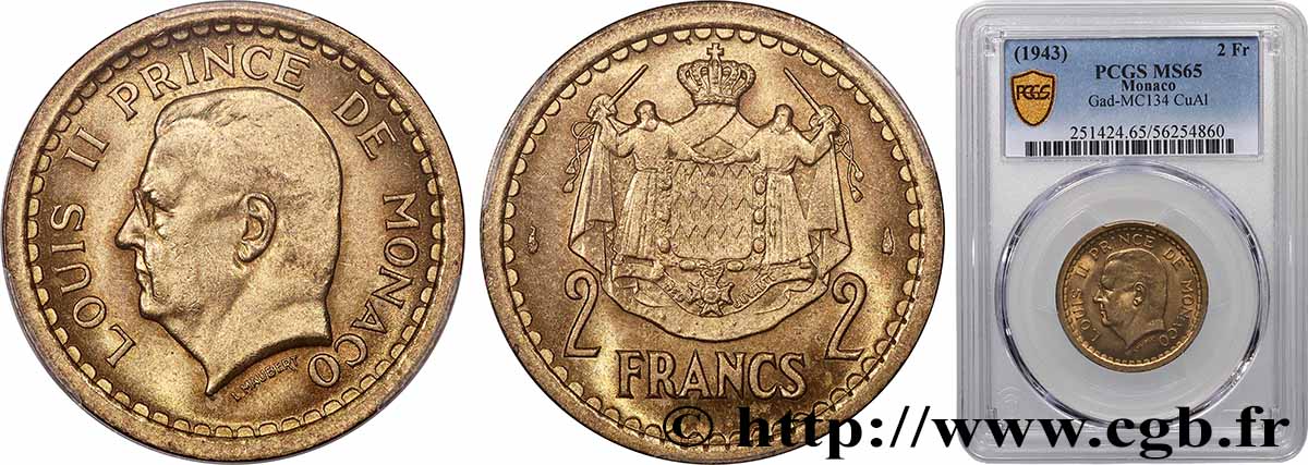 MONACO 2 Francs Louis II (1943) Paris FDC65 PCGS