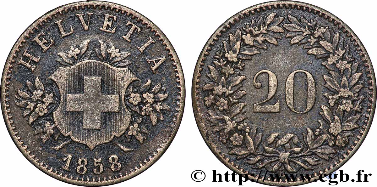 SWITZERLAND 20 Centimes (Rappen) croix suisse 1858 Berne VF