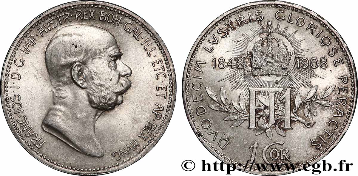 AUTRICHE 1 Corona 60e anniversaire du règne de François-Joseph Ier 1908 SUP