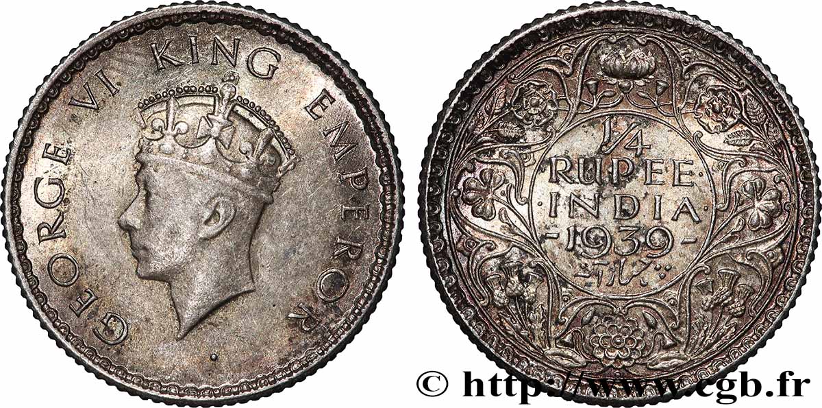 BRITISH INDIA 1/4 Roupie Georges VI couronné 1939 Calcutta AU