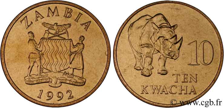 ZAMBIE 10 Kwacha emblème national / rhinocéros 1992  SPL 