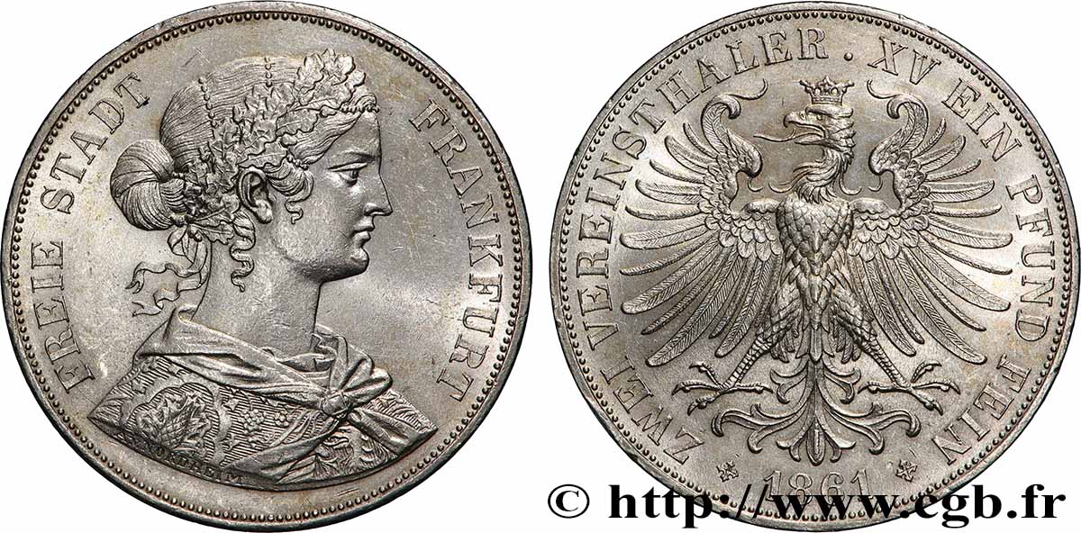 ALLEMAGNE - VILLE LIBRE DE FRANCFORT 2 Thaler 1861 Francfort SUP