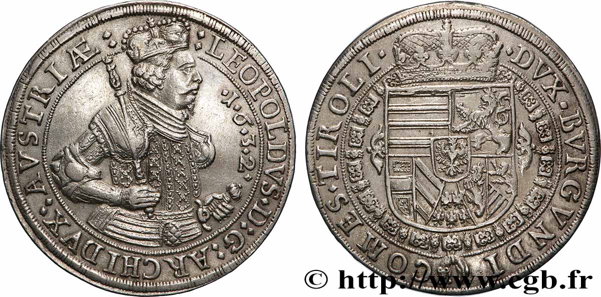 AUTRICHE - COMTÉ DE TYROL - LÉOPOLD V Thaler 1632 Hall TTB+