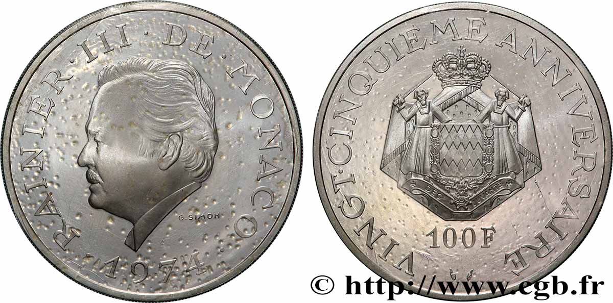 MONACO 100 Francs Proof Rainier III 1974 Paris FDC