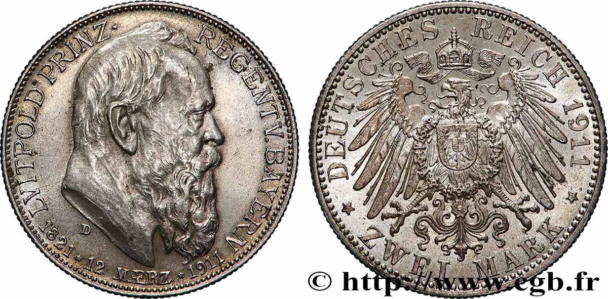 ALLEMAGNE - BAVIÈRE 2 Mark Léopold 1911 Munich TTB+/SUP