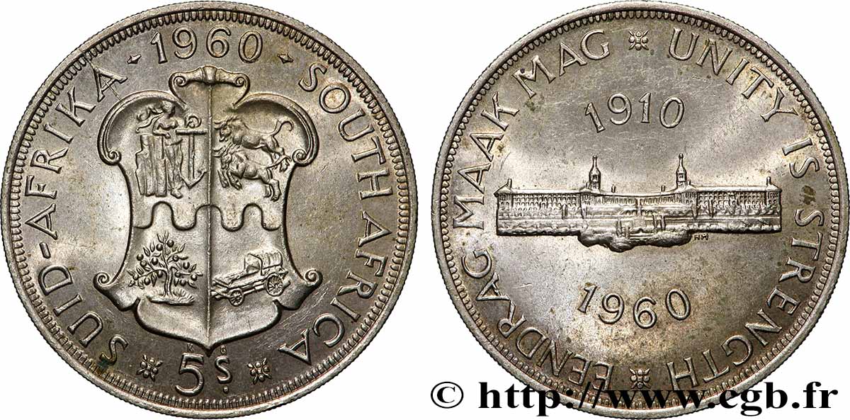 SOUTH AFRICA 5 Shillings 50e anniversaire de l’Union Sud-Africaine : emblème / Union Buidings 1960 Pretoria AU