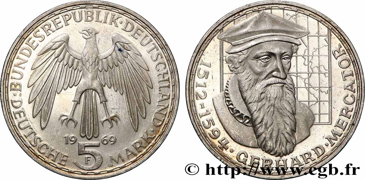 ALLEMAGNE 5 Mark Proof Gerhard Mercator 1969 Stuttgart SUP