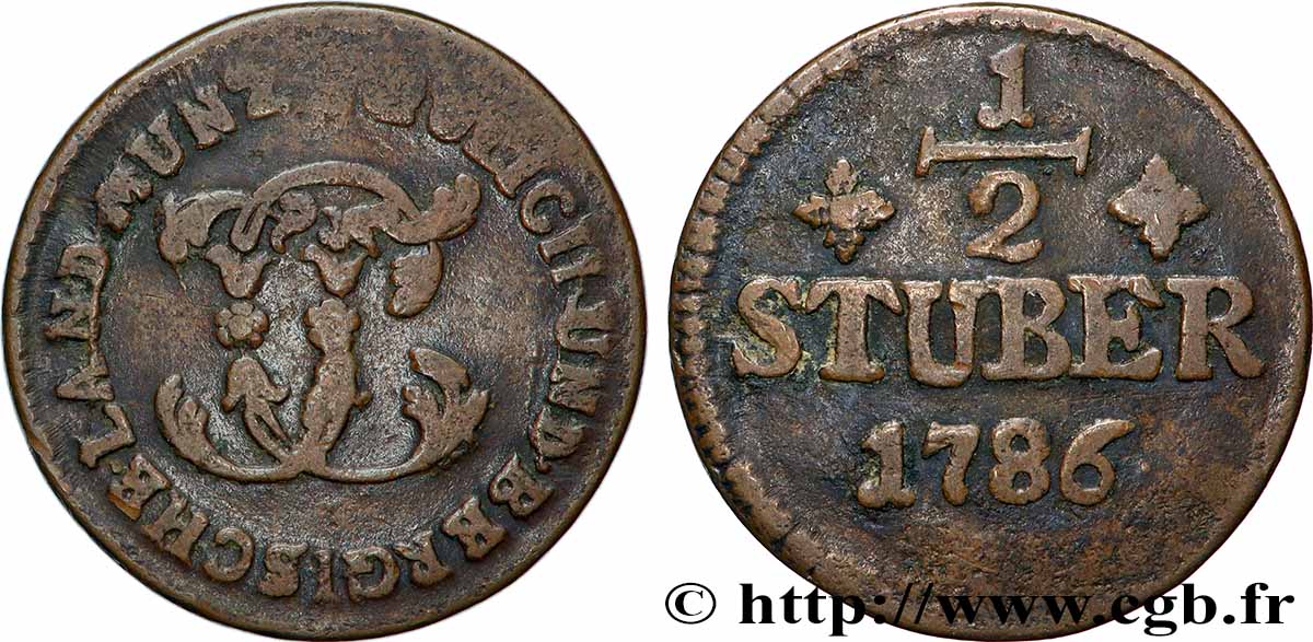 GERMANY - JÜLICH-BERG 1/2 Stuber Duché de Jülich-Berg monogramme de Carl Théodore de Bavière 1786 Düsseldorf VF