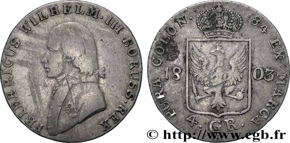 ALLEMAGNE - PRUSSE 1/6 Thaler (4 Groschen) Frédéric-Guillaume III 1803 Berlin TB