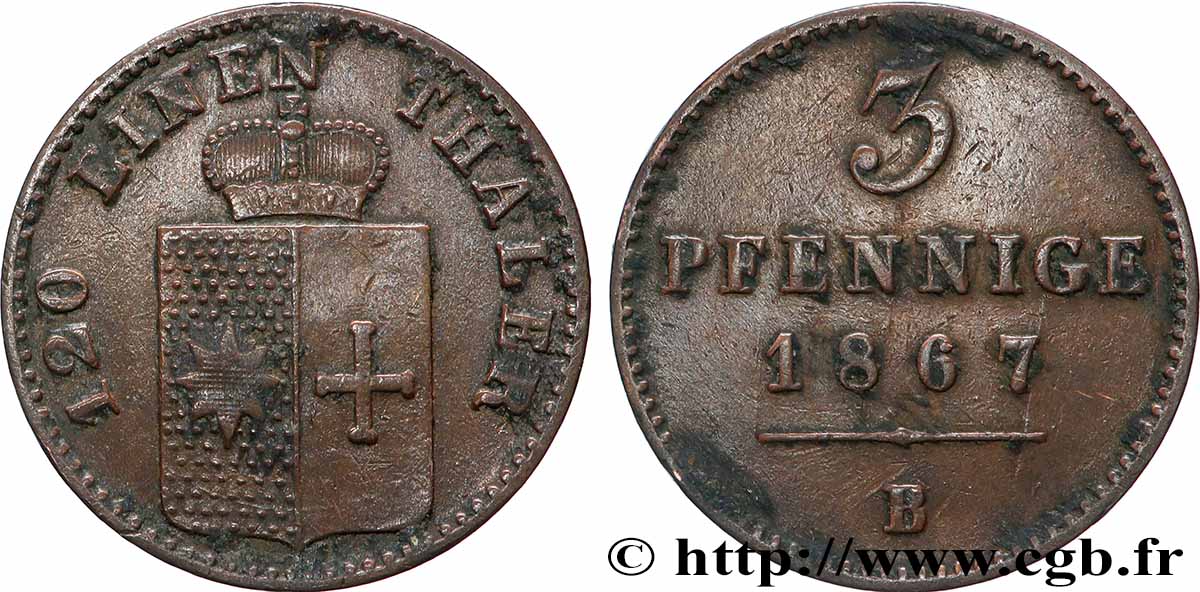 ALLEMAGNE - WALDECK-PYRMONT 3 Pfenning 1867 Hanovre TTB