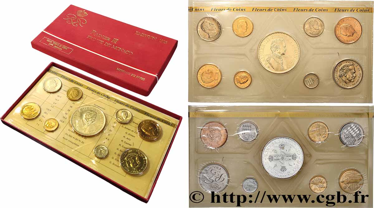 MONACO série FDC (1, 5, 10 et 20 Centimes, 1/2, 1, 5, 10 et 50 Francs) 1976 Paris FDC