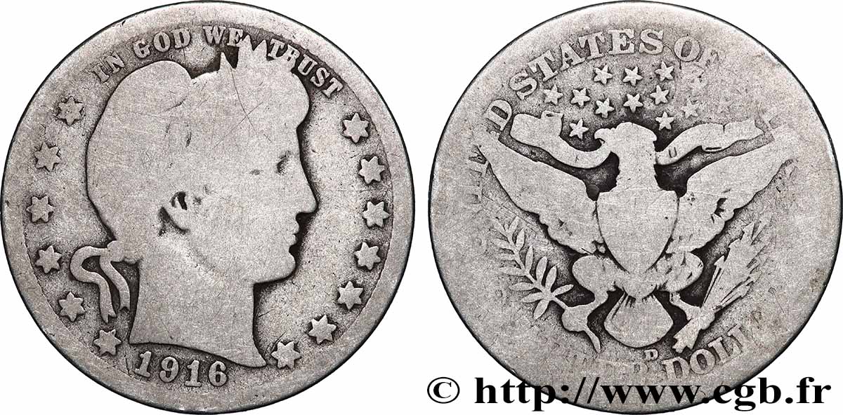 ÉTATS-UNIS D AMÉRIQUE 1/4 Dollar Barber 1916 Denver TB
