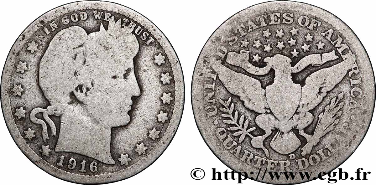 ÉTATS-UNIS D AMÉRIQUE 1/4 Dollar Barber 1916 Denver TB