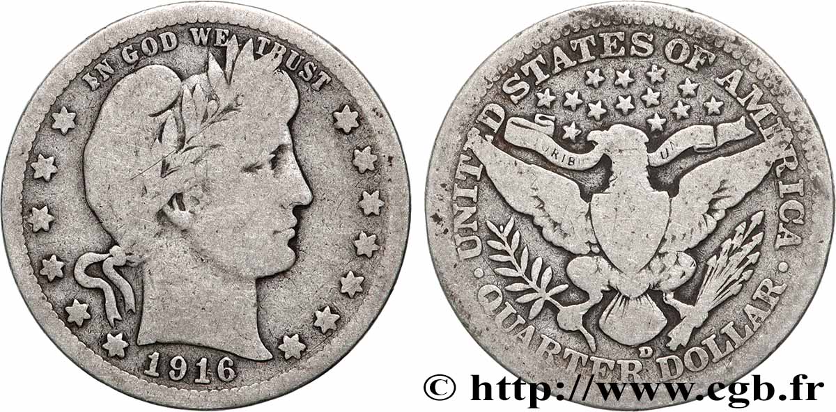 ÉTATS-UNIS D AMÉRIQUE 1/4 Dollar Barber 1916 Denver TB