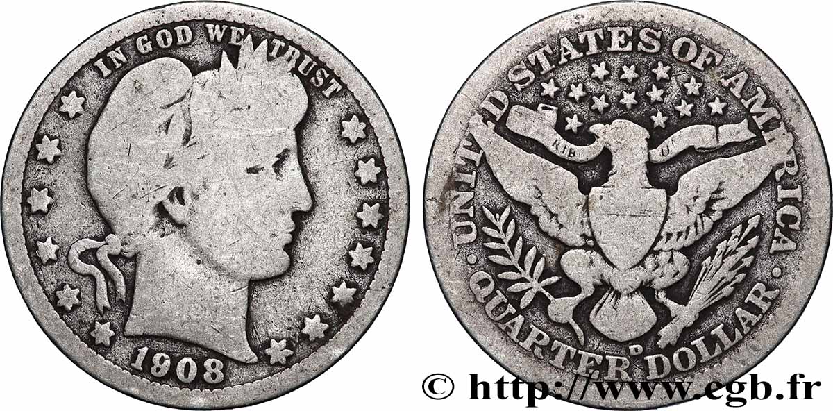 ÉTATS-UNIS D AMÉRIQUE 1/4 Dollar Barber 1908 Nouvelle-Orléans TB