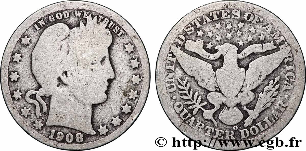 ÉTATS-UNIS D AMÉRIQUE 1/4 Dollar Barber 1908 Nouvelle-Orléans TB