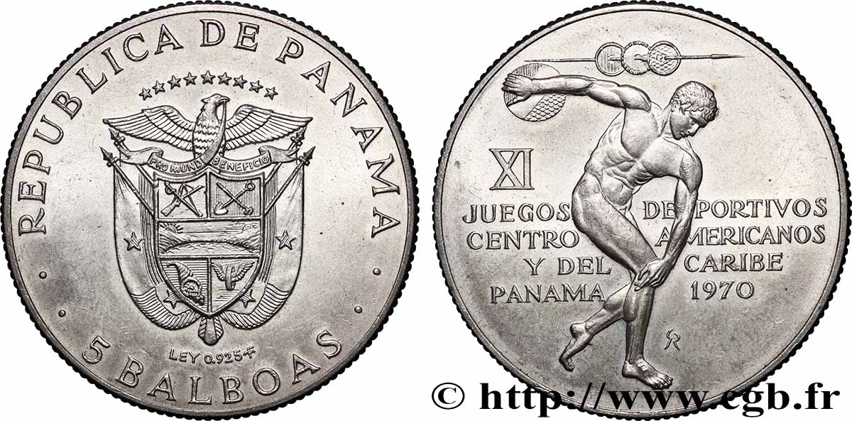 PANAMA 5 Balboas XIe jeux sportifs centraméricains et des Caraïbes 1970 Franklin Mint MS
