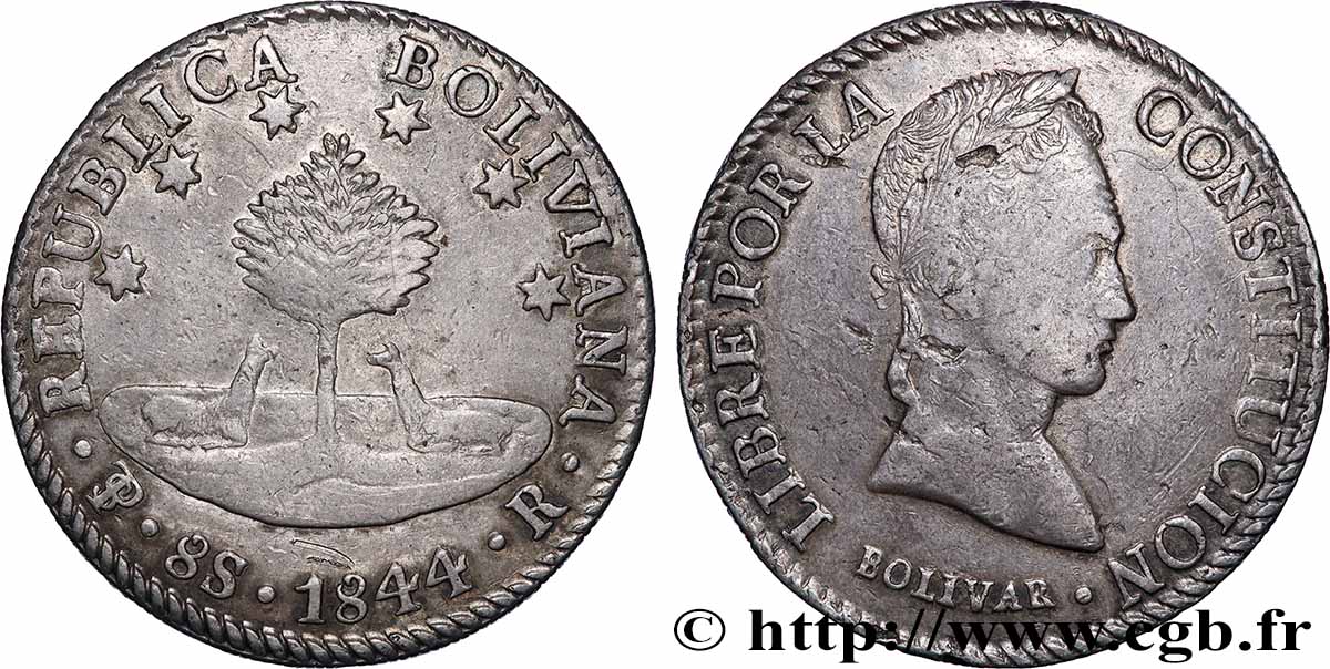 BOLIVIA 8 Soles Simon Bolivar 1844 Potosi AU