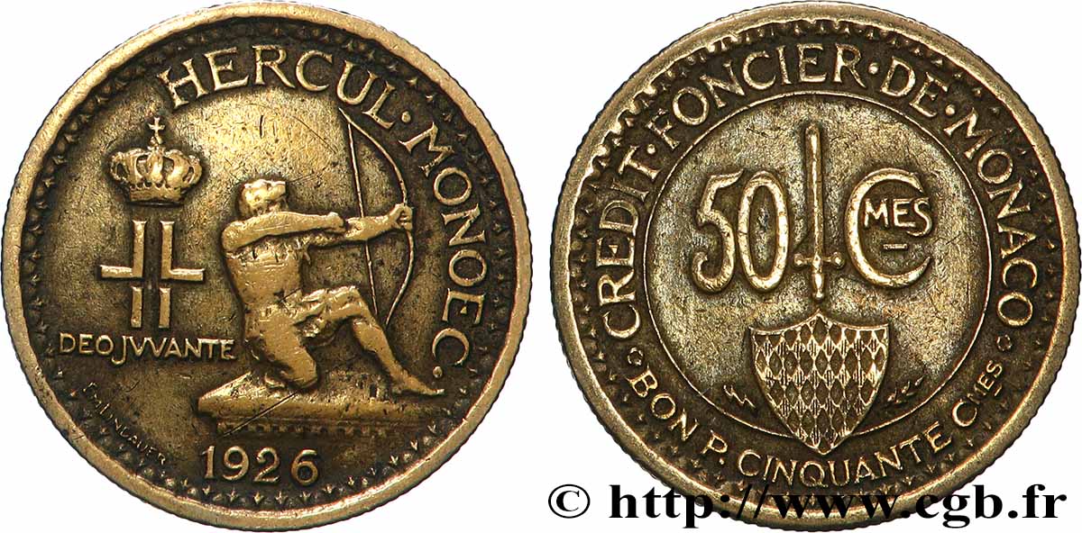 MONACO 50 Centimes émission du Crédit Foncier de Monaco 1926 Poissy TB+
