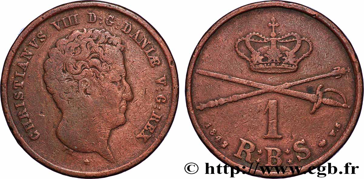 DANEMARK 1 skilling Christian VIII 1842 Altona TB+