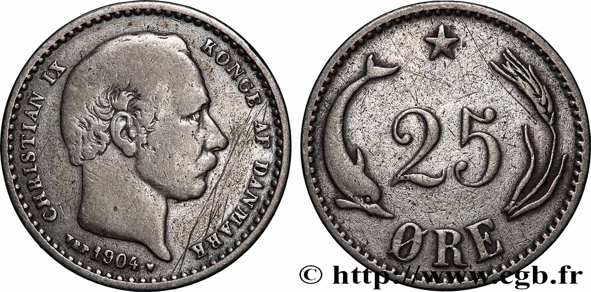 DENMARK 25 Ore Christian X roi du Danemark 1904 Copenhague VF