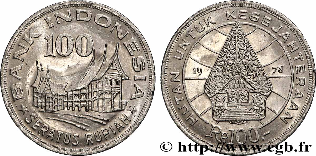 INDONESIEN 100 Rupiah Minangkabu House / légendaire arbre de la vie 1978 VZ